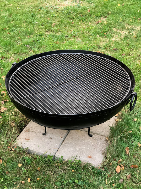 Large Riveted Steel Firebowl From India w/Grill Grate & Stand - Large (30.5" dia)