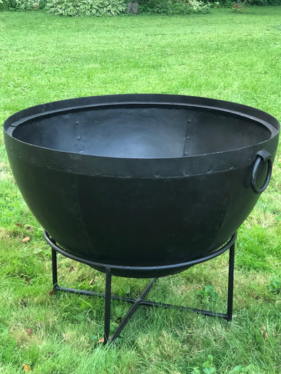 Large Cauldron Style Steel Fie Pit With Stand Made In India Using Traditional Riveted Steel 27 1/4" overall height x 31 7/8" dia