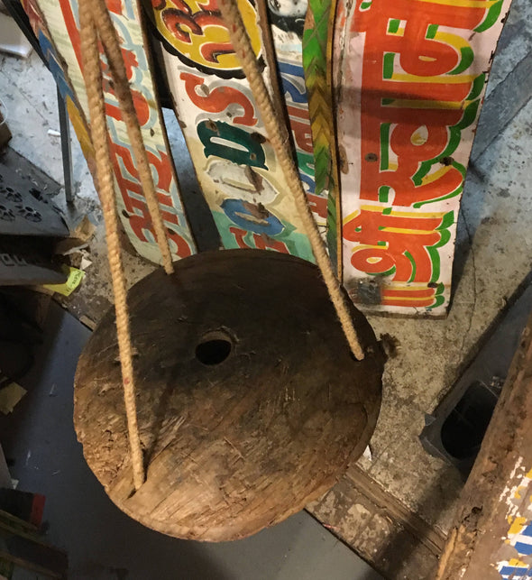 Architectural Salvage Wood Pulley From Water Well In Indian,  Upcycled Into Hanging Object For Garden  Or Home