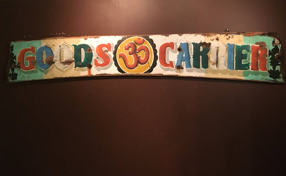 Indian Truck Art Handpainted Wood Panel From Old Indian Semi Truck. Om Symbol, Vintage, Colorful typography over white & green