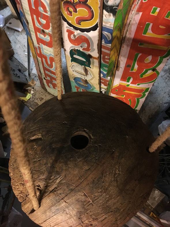 Architectural Salvage Wood Pulley From Water Well In Indian,  Upcycled Into Hanging Object For Garden  Or Home