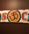 Indian Truck Art Handpainted Wood Panel From Old Indian Semi Truck. Om Symbol, Vintage, Colorful typography over white & green