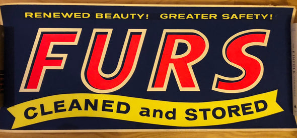 Vintage Silk Screen Commercial Advertising Poster For Dry Cleaner Fur Storage Sign, est. 1960s Pop Art, Vivid Colors, Authentic, 15.5" x 36"