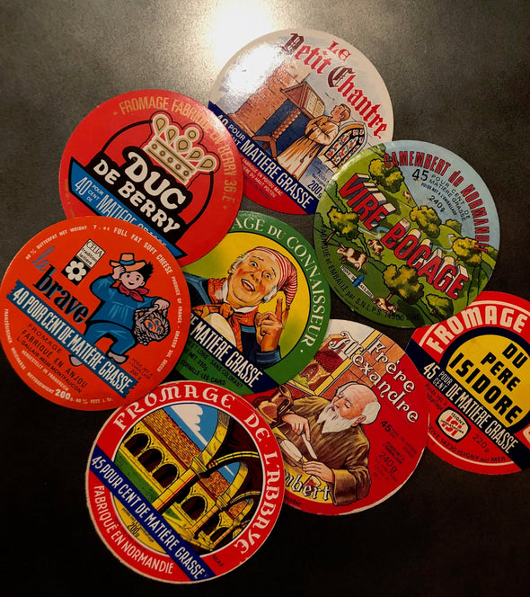 Lot of 5 French Camembert Cheese Labels Vintage 70s - 80s Etiquette Fromage, Francophile cheese lover, decoupage craft scrapbooking